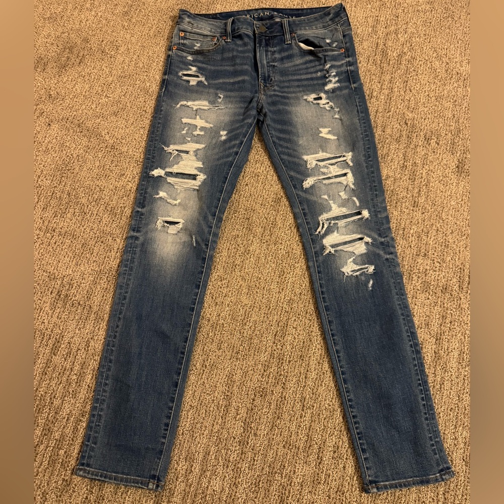 American Eagle Outfitters Dark Blue Ripped Straight Jeans 33x34